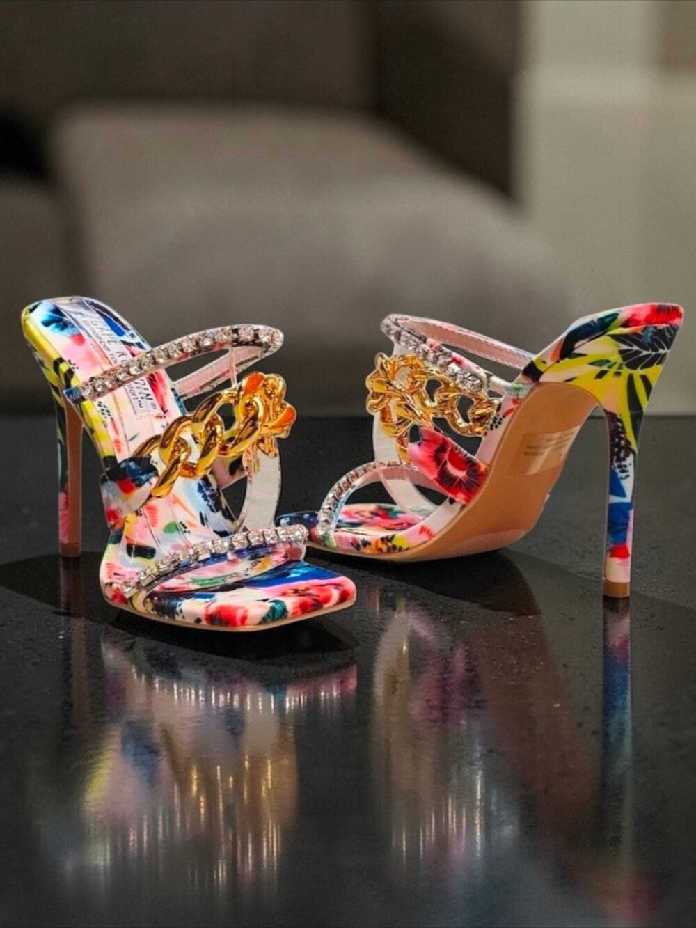 Floral Open-Toe High Heels With Rhinestone & Gold Chain Straps Multicolor Womens - Picture 2 of 14